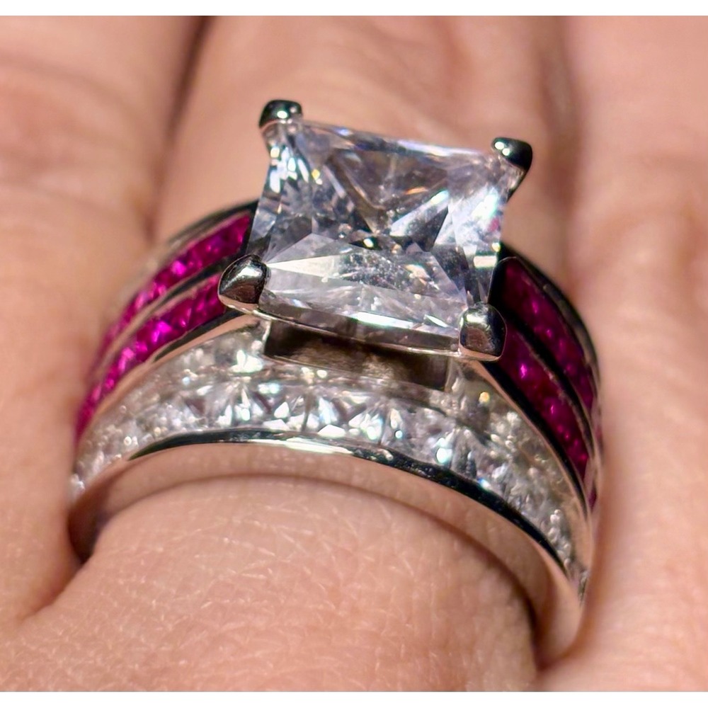 S925 Sterling Silver Princess Cut CZ Ruby Red Accent Multi Row Statement Ring